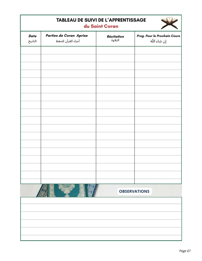 Page de suivi de l’apprentissage