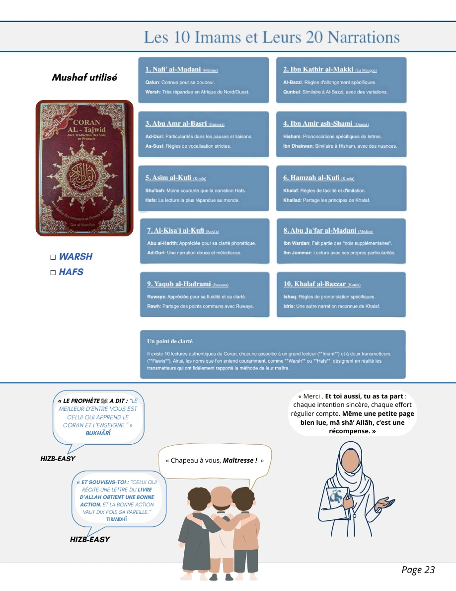Page présentant les imams, les transmissions et le mushaf utilisé